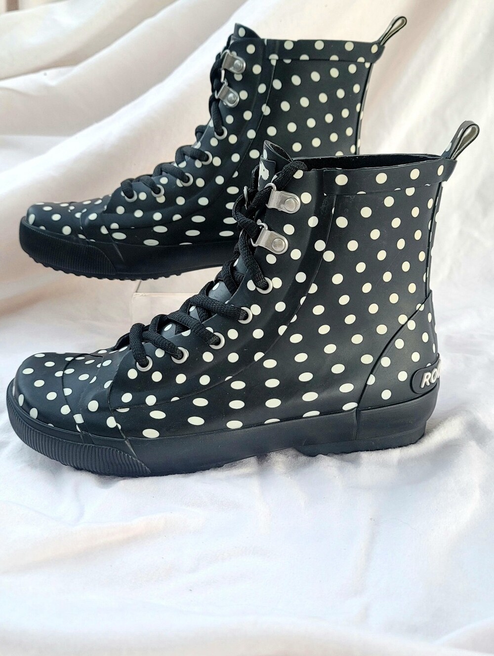 Rocket Dog Black Polka Dot Lace-Up High-Top Rain Boots Sz 7